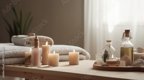 Serene Relaxation Haven. Empty background with a massage table adorned with towels, candles, and aromatherapy oils. Copy space for text. Spa retreat, wellness AI Generative 