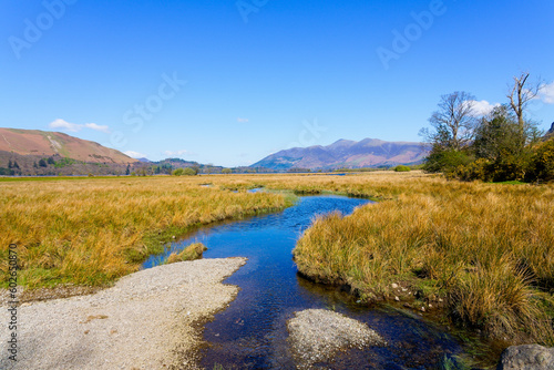 Foto Clear water flows through marshland from Derwent Water