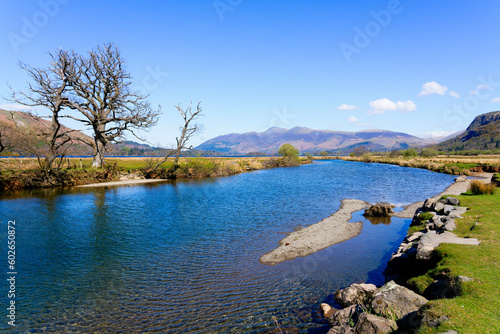 Foto Crystal clear water of the River Derwent at Derwent Water in the Lake District