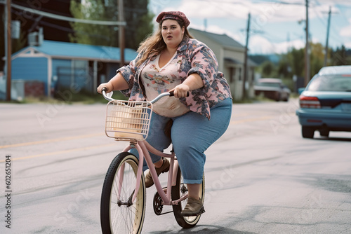 Curvy, plus size, active, big, chubby woman riding a bike on a road with cars. Generative AI.
