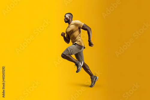 A man running on a yellow background. Generative AI.