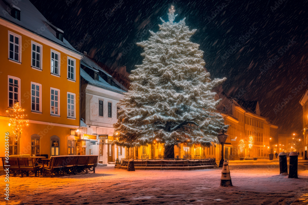 Illuminated Christmas tree at town square. AI generated.