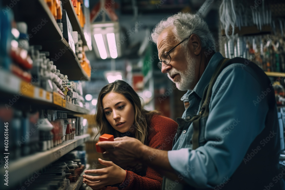 A man and a woman looking at something in a store. AI generative. A man and a woman looking at something in a store. AI generative.