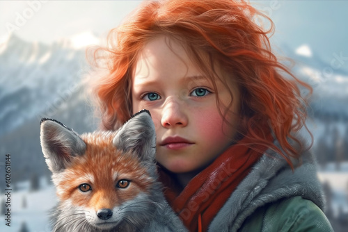Red hair girl with little fox. Generative AI