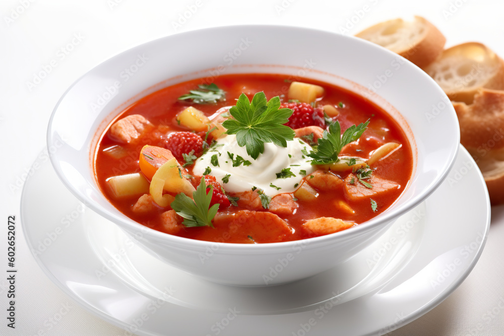 Minestrone, tomato vegetable soup with pasta, served with parsley and sour cream. Generative AI. Minestrone, tomato vegetable soup with pasta, served with parsley and sour cream. Generative AI.