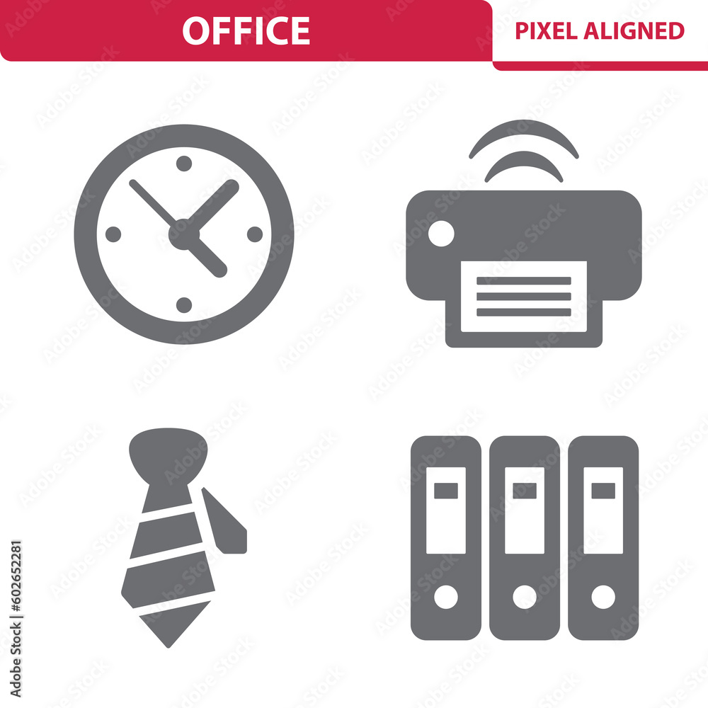 Office Icons. Workplace, Clock, Printer, Tie, Files Vector Icon Set Office Icons. Workplace, Clock, Printer, Tie, Files Vector Icon Set