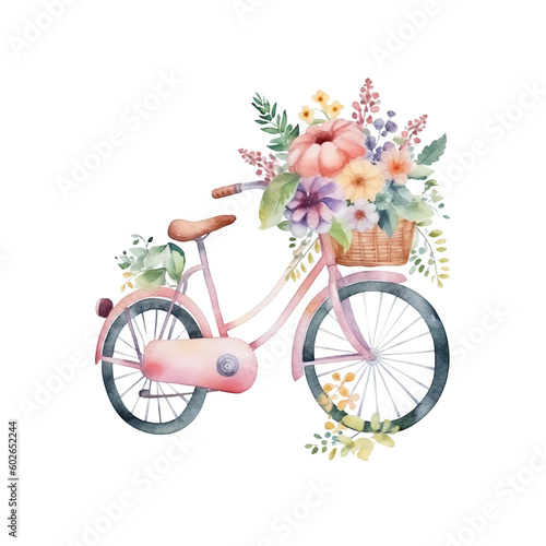 Whimsical Watercolor Illustration Adorable Bike Adorned with Blooming Flowers, transparent background,,Created by Generative AI