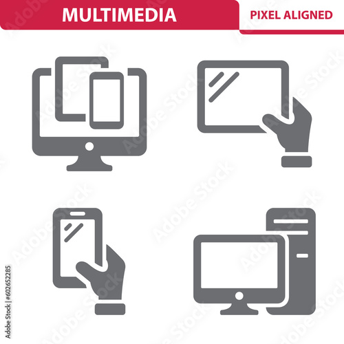 Multimedia Icons. Electronics, Devices, Technology, Computer, Tablet, Smartphone, PC Vector Icon Set