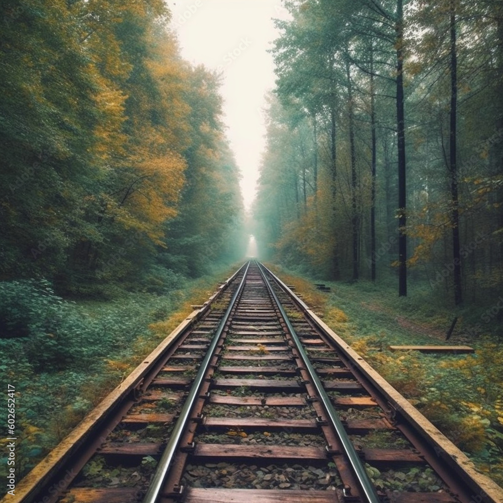 a train rail going to the Horizon between forests a train rail going to the Horizon between forests