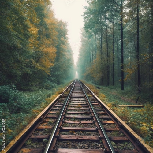 a train rail going to the Horizon between forests