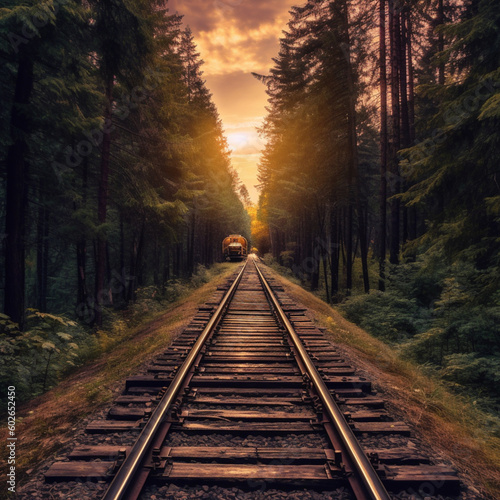 a train rail going to the Horizon between forests