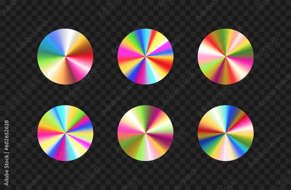 Holographic iridescent stickers template. Vector circle hologram labels with different gradient shining on black background Holographic iridescent stickers template. Vector circle hologram labels with different gradient shining on black background