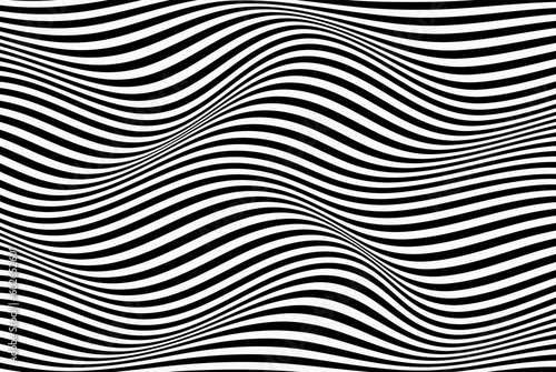 Wave of optical illusion. Abstract black and white illustrations. Horizontal lines stripes pattern or background with wavy distortion effect.