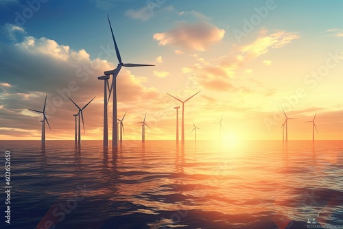 wind turbines inside the sea producing renewable energy. AI generative