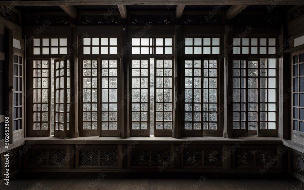Engawa house, Japanese style. Dark empty room with row of wooden window, symmetrical shot. AI generative Engawa house, Japanese style. Dark empty room with row of wooden window, symmetrical shot. AI generative