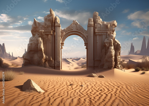 desert landscape with ancient lost city ruins with huge gate , background, generative ai 