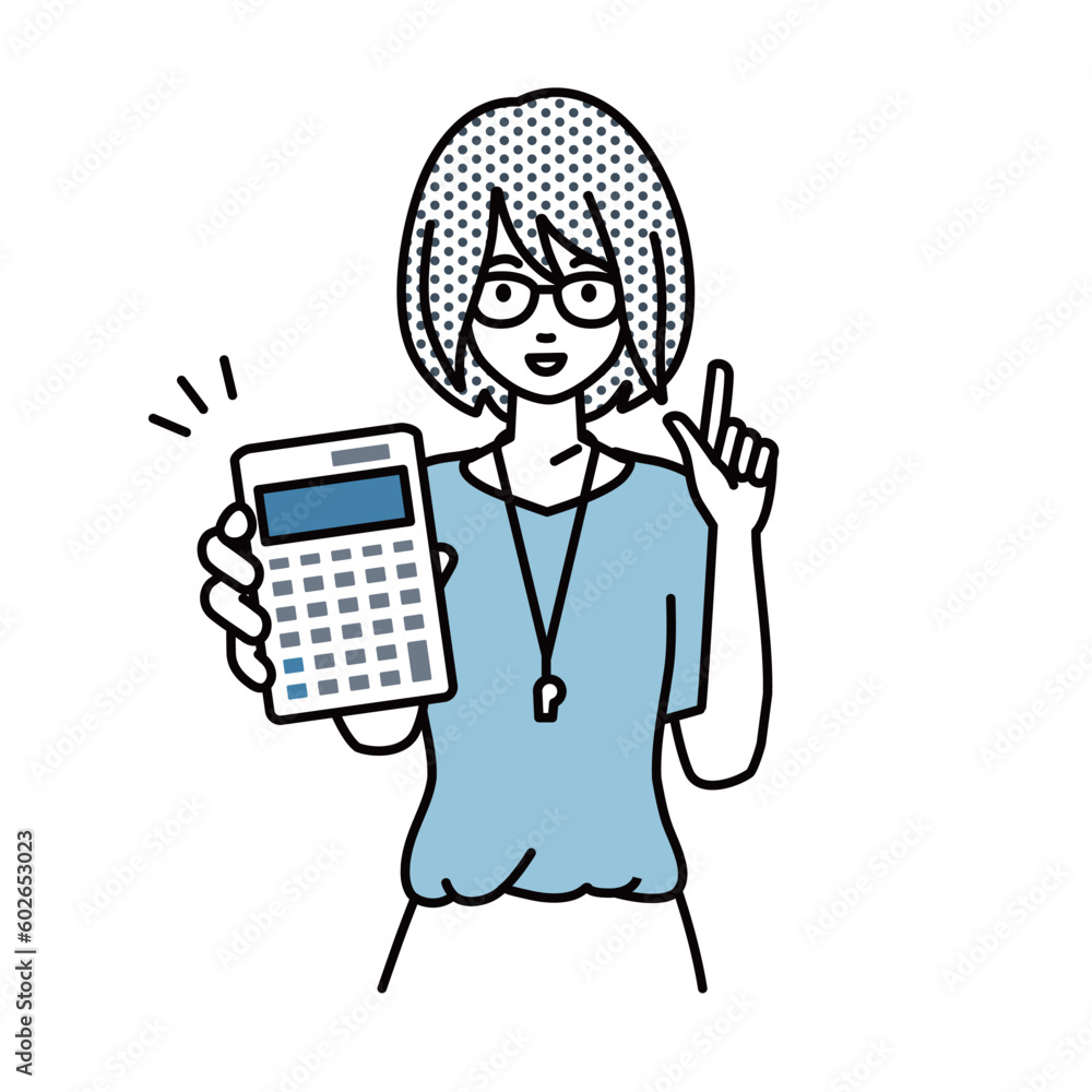 立って電卓を指差してこちらに向けて見せている教師の女性 立って電卓を指差してこちらに向けて見せている教師の女性