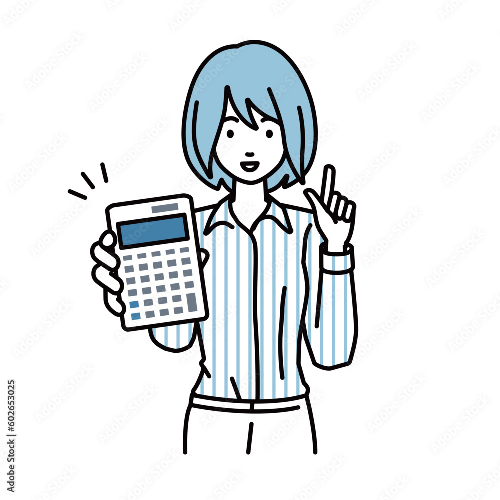 立って電卓を指差してこちらに向けて見せているブラウスの女性 立って電卓を指差してこちらに向けて見せているブラウスの女性