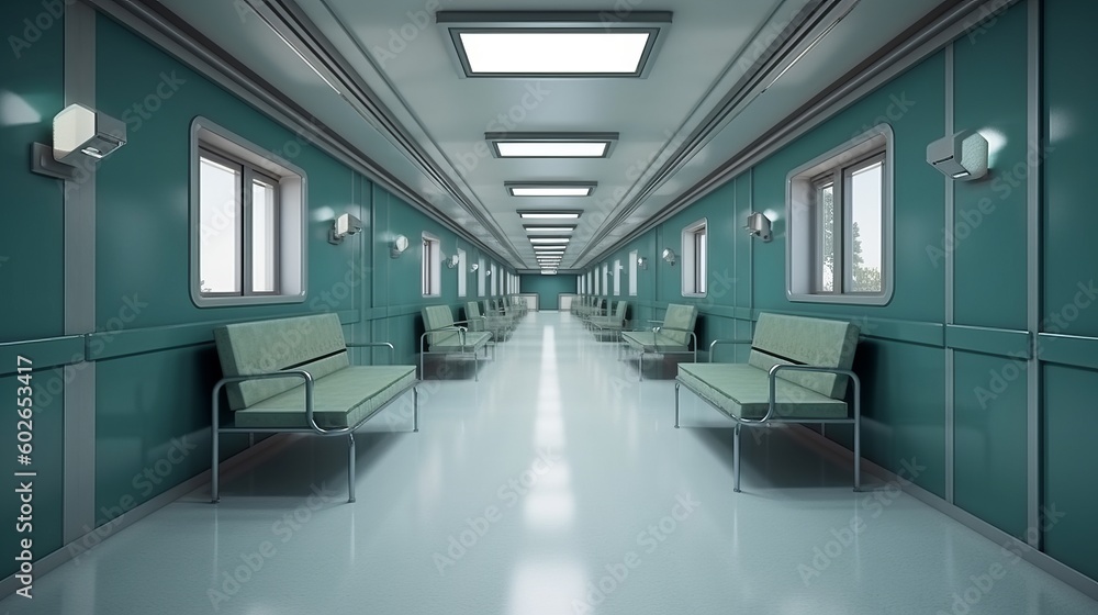 Long hospital corridor with rooms and seats. Generative ai