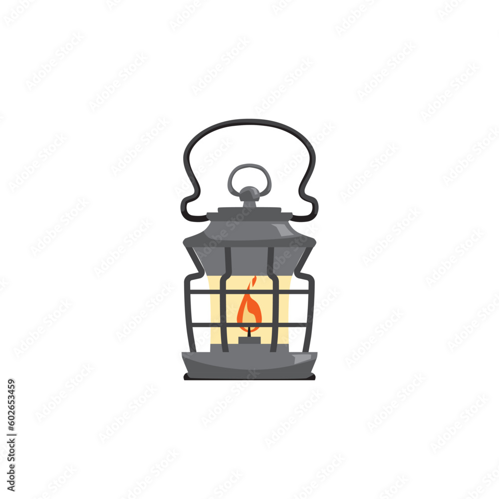 Retro gas or oil lantern with fire inside, cartoon flat vector illustration isolated on white background.