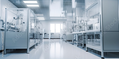 Valokuvatapetti Pharma, pharmaceautical clean room, industrial design for large scale chemical production in controlled sterile conditions, generative AI industrial interior, panoramic banner