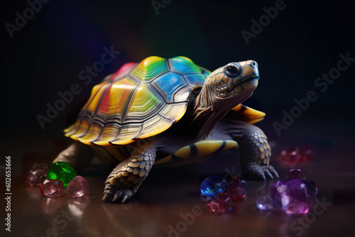 Beautiful rainbow colored tortoise  small multicolor fantasy insect  AI generative magic creature