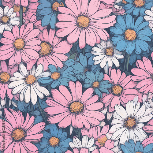 Seamless Colorful Daisy Pattern.  Seamless pattern of daisys in colorful style. Add color to your digital project with our pattern 