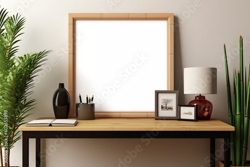 Modern Workspace with White Poster Frame and Green Bamboo Tree, Ai Generated © rzrstudio
