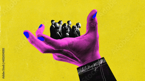 Bild auf Leinwand Contemporary art collage with male hand holding group of people, team over yellow color background