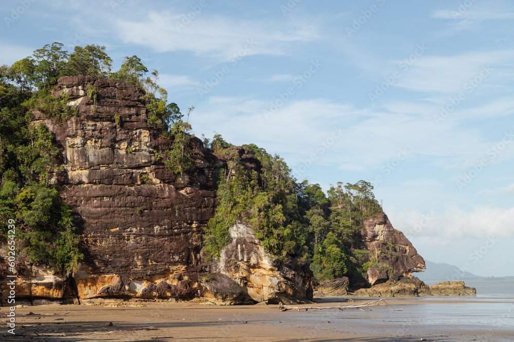 Cliff in Bako national park, sunny day, blue sky and sea. Vacation, travel, tropics concept