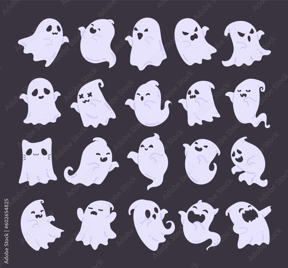 Fototapeta premium Cartoon ghost in white robe floating Haunt and scare people on Halloween night.