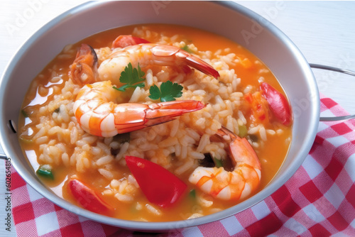 Authentic Portuguese Culinary Experience. Savor the taste of Portugal with a traditional dish of Arroz de Marisco, elegantly served in a platter. Rice with seafood. AI Generative.