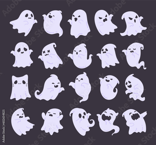 Cartoon ghost in white robe floating Haunt and scare people on Halloween night.