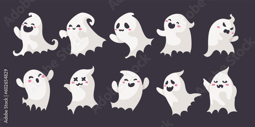 Cartoon ghost in white robe floating Haunt and scare people on Halloween night.