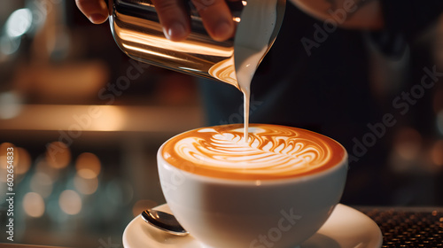 A person pouring milk into a cup of coffee. Generative AI. Latte art. photo