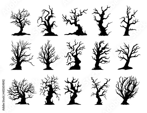 dry tree silhouette Ghost tree with scary devil face for Halloween card decoration