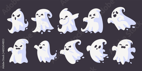 Cartoon ghost in white robe floating Haunt and scare people on Halloween night.