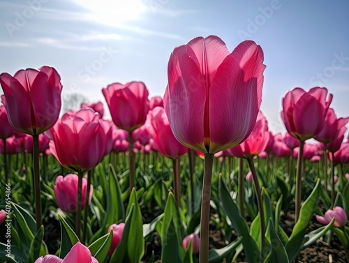 Vibrant Pink Tulip Field in Midday Sun-ai generated