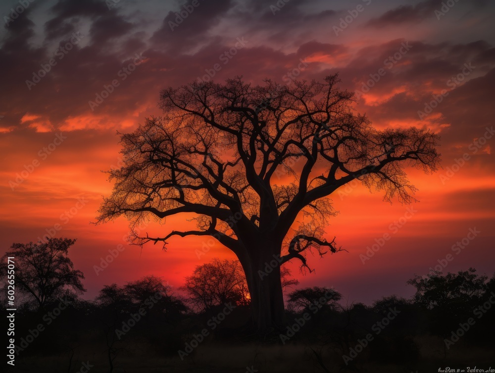 Baobab Tree Silhouetted Against the African Sunset - AI Generated