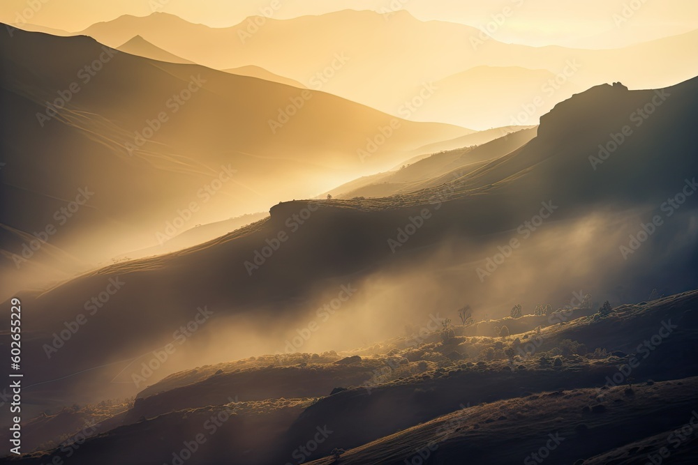 Misty Sunrise Over Tranquil Peaks -AI Generated
