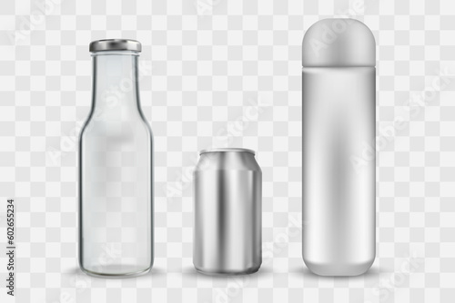 Set of realistic glass bottle, drink tin and thermos