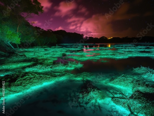 Bioluminescent Bay at Night - AI Generated
