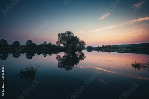 Tranquil Lake Mirroring Setting Sun's Aura - AI Generated