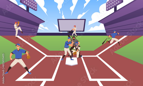 Baseball players on field playing, cartoon flat vector illustration.