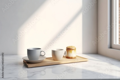 Clean White Marble Countertop with Ceramic Tableware for Product Display. Ai Generated