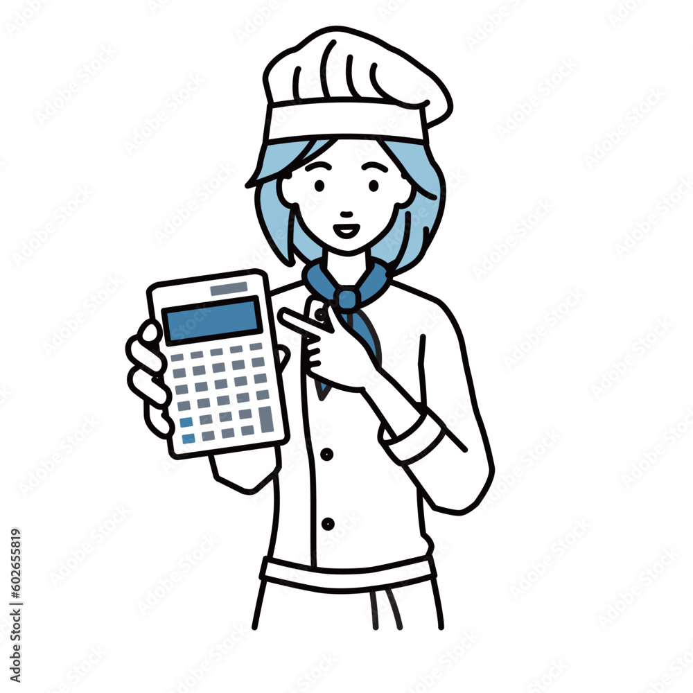 立って電卓を指差してこちらに向けて見せている調理師の女性