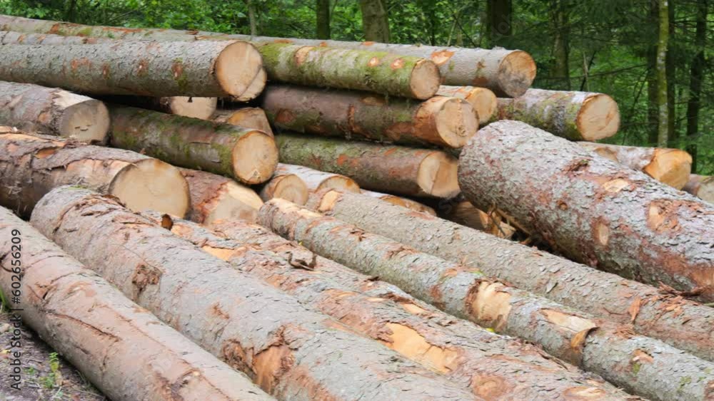 Many trunks of felled trees in the forest. Cleaning the forest from old trees. Wood industry Many trunks of felled trees in the forest. Cleaning the forest from old trees. Wood industry