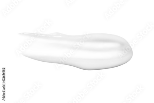 A drop of liquid smeared white cream on a white background. Isolated