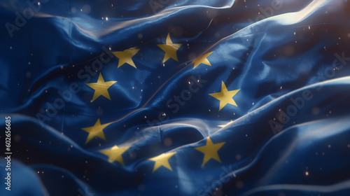 realistic close-up illustration of European Union silk flag blowing in the wind and sparking, created by AI