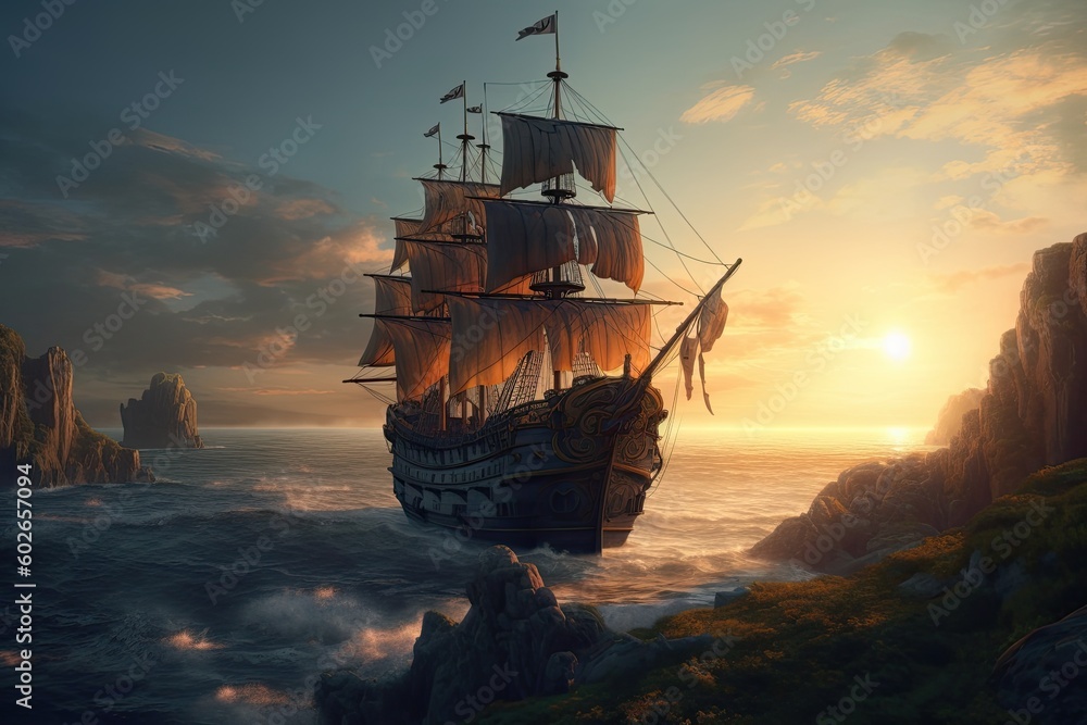 Adventure Awaits: An Impressive Pirate Ship at Sunset on a Middle Age Landscape. Generative AI